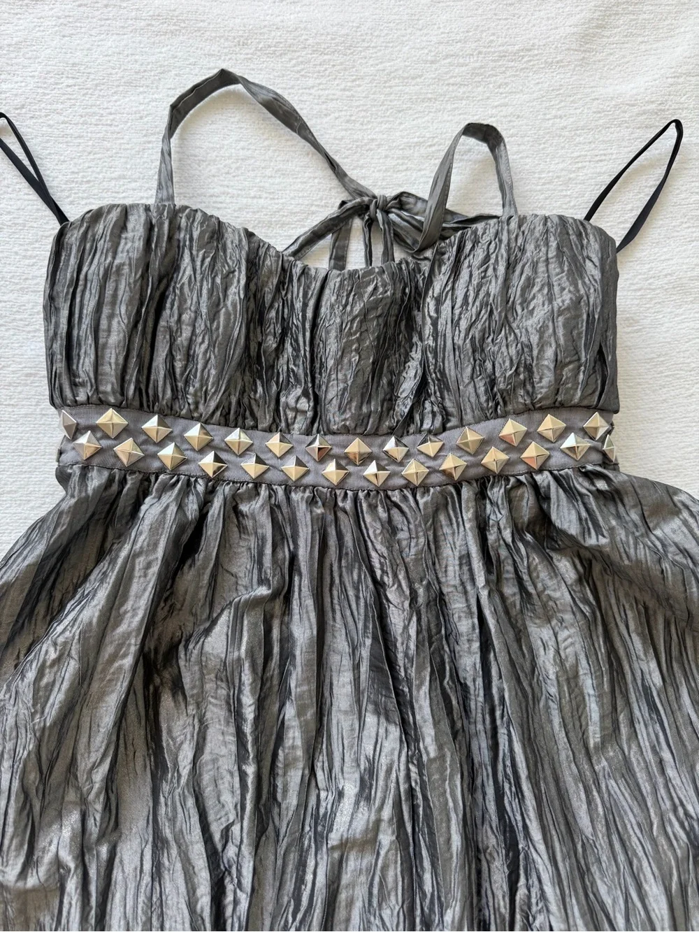Y2K bebe Silver Crinkled Metallic Studded Waist Party Dress - Picture 3 of 6